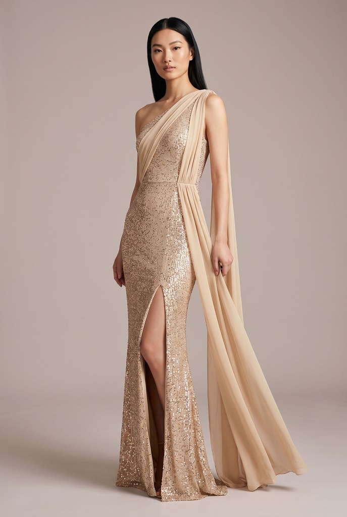 Champagne Sequin Sash Column Dress - front