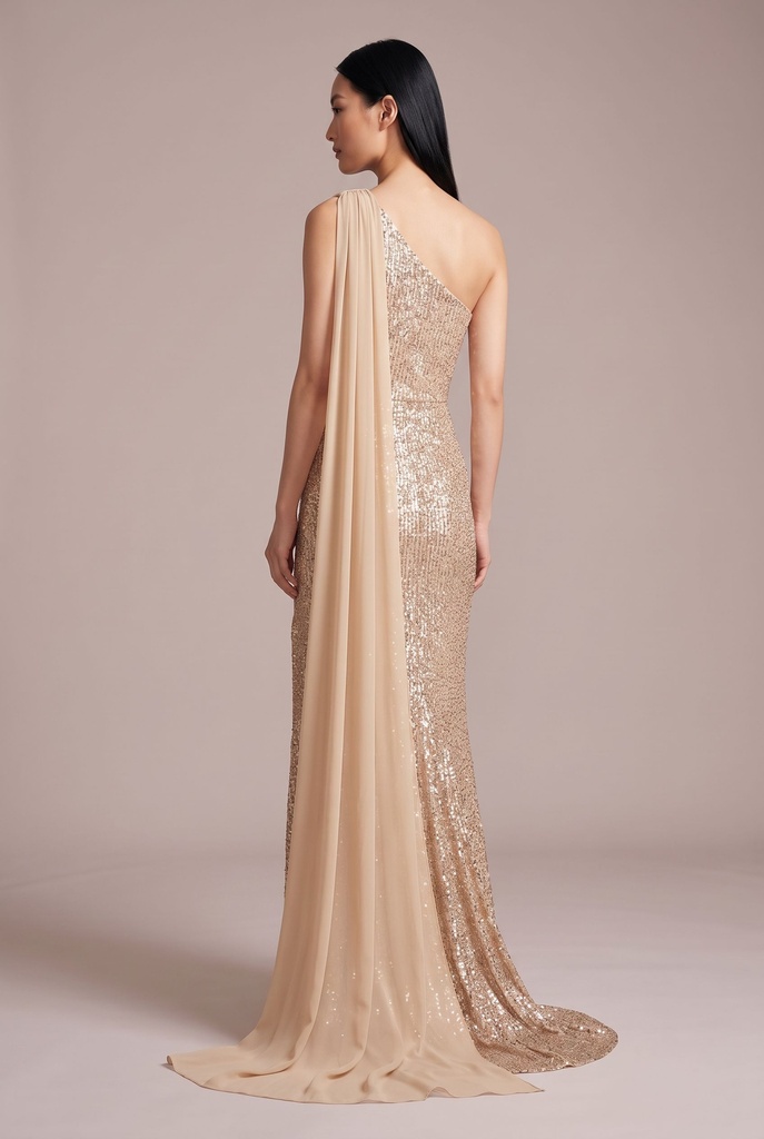 Champagne Sequin Sash Column Dress - back