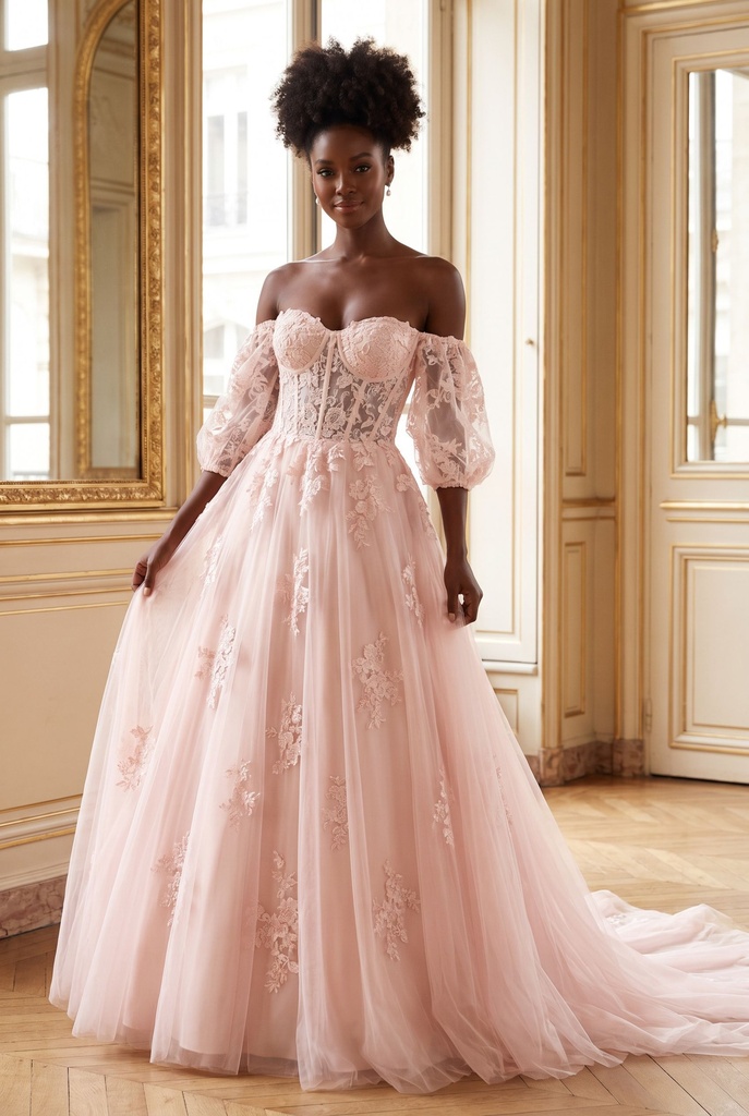 Blush Off-Shoulder Lace Ballgown Dress - front