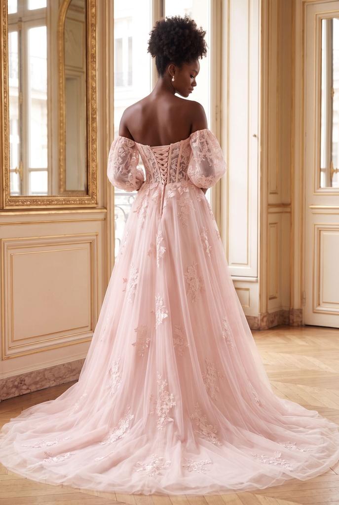 Blush Off-Shoulder Lace Ballgown Dress - back