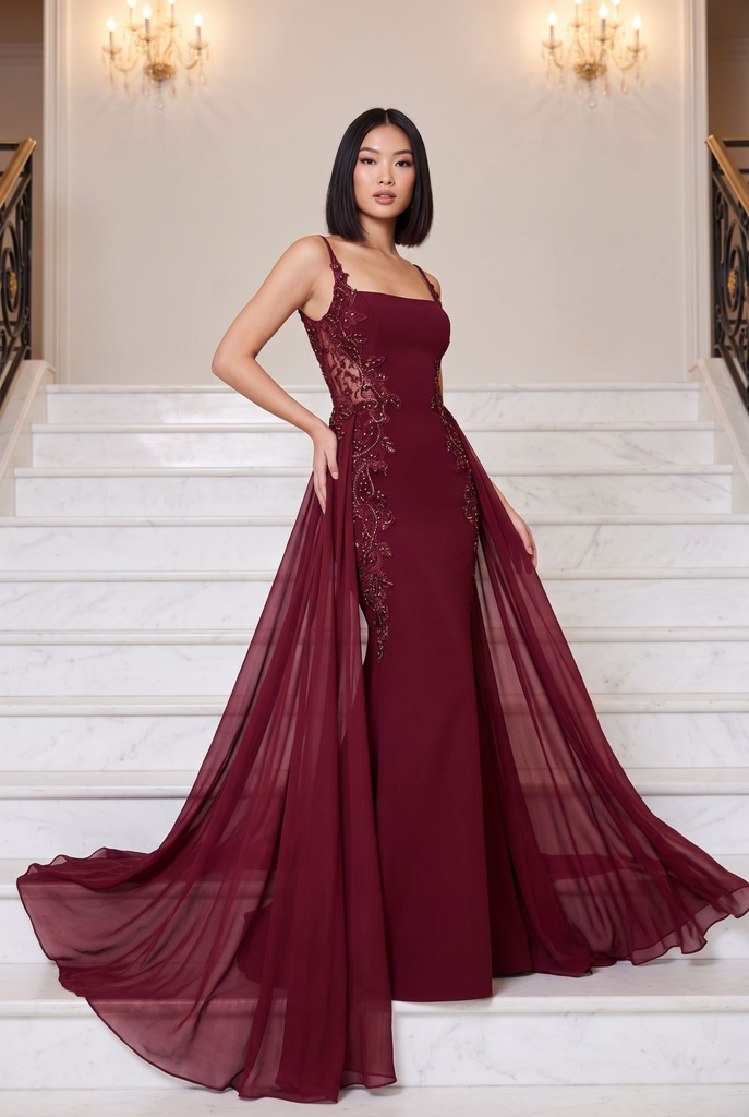 Burgundy Mermaid Overskirt Dress - front