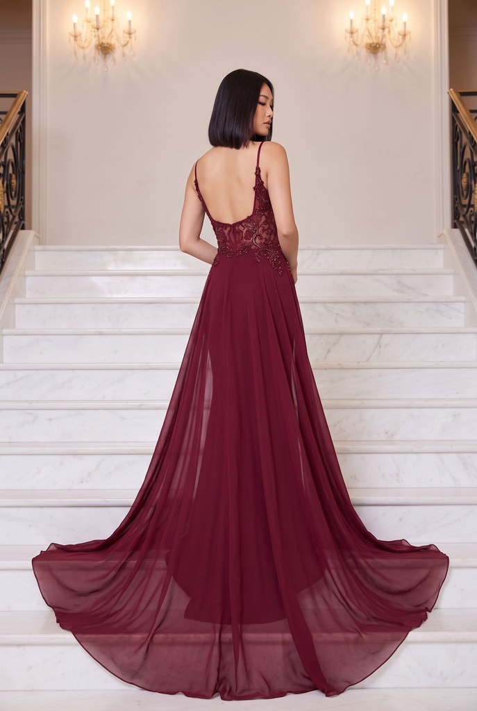 Burgundy Mermaid Overskirt Dress - back
