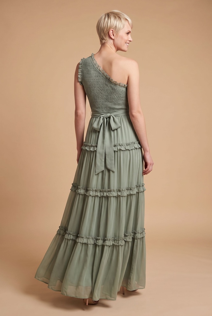 Sage One-Shoulder Ruffle Maxi Dress - back