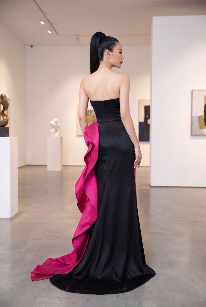 Black Fuchsia Strapless Petal Dress - back