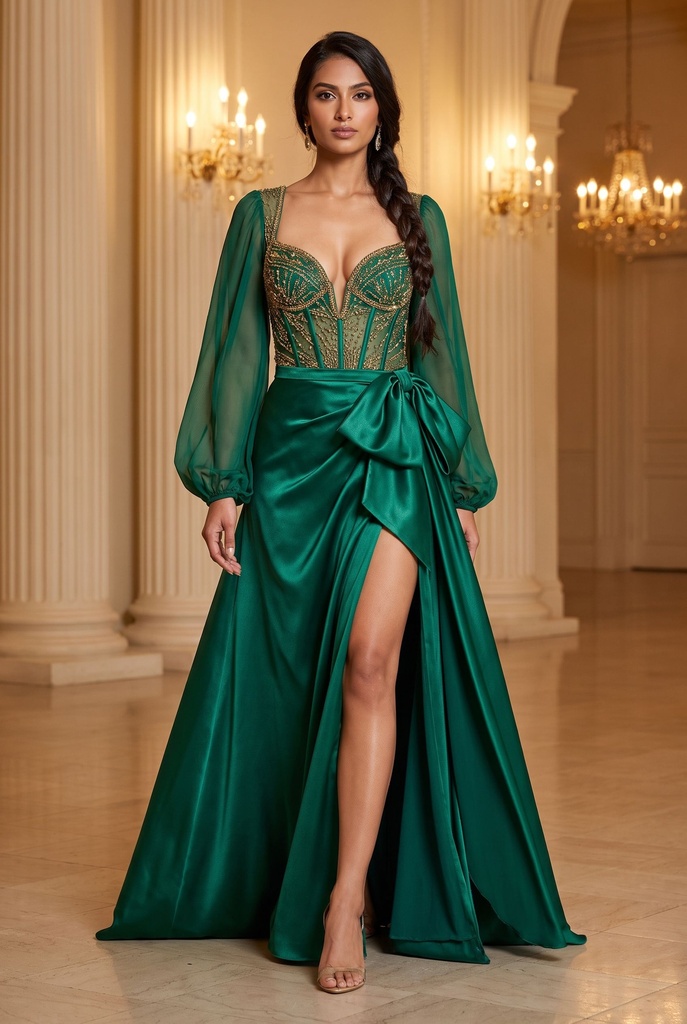 Emerald Corset Sheer-Sleeve Dress - front