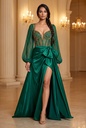 Emerald Corset Sheer-Sleeve Dress - front