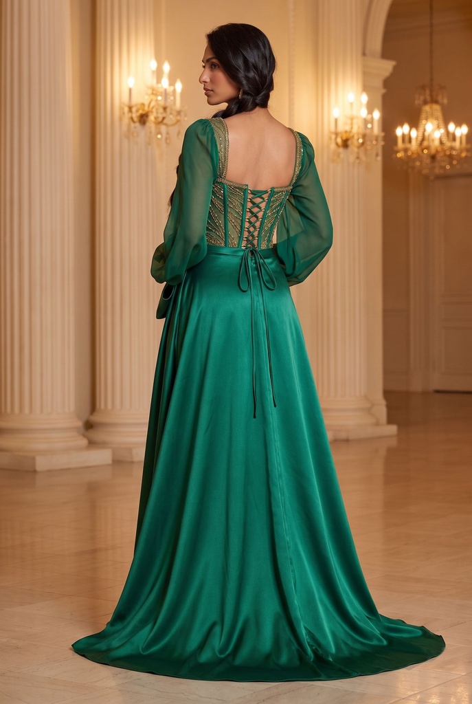 Emerald Corset Sheer-Sleeve Dress - back