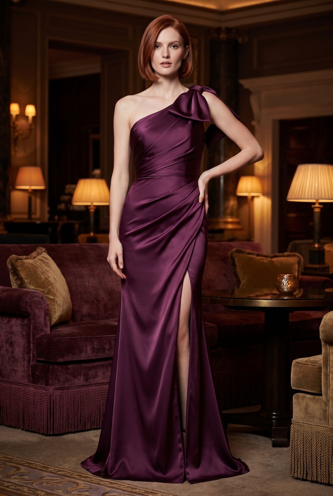Plum Draped-Shoulder Bow Dress - front