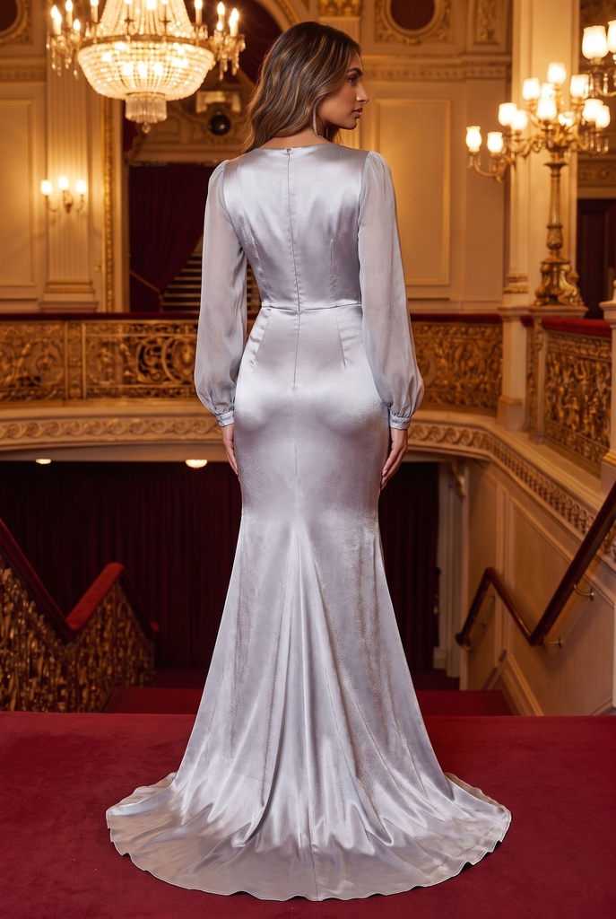 Silver Wrap Sheer-Sleeve Dress - back