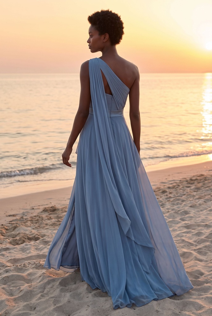 Dusty Blue One-Shoulder Draped Dress - back