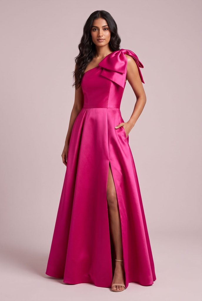 Fuchsia Shoulder-Bow Satin Dress - front