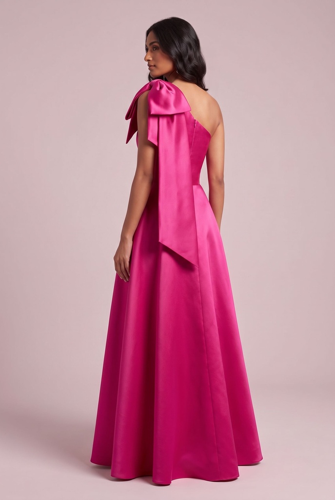 Fuchsia Shoulder-Bow Satin Dress - back