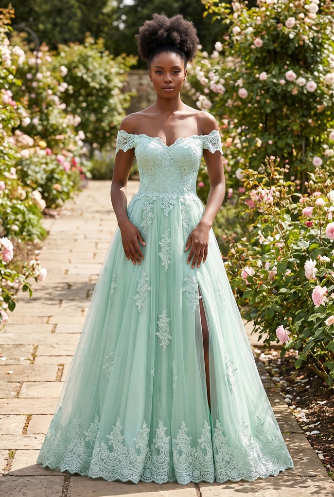 Mint Off-Shoulder Lace Ballgown Dress - front