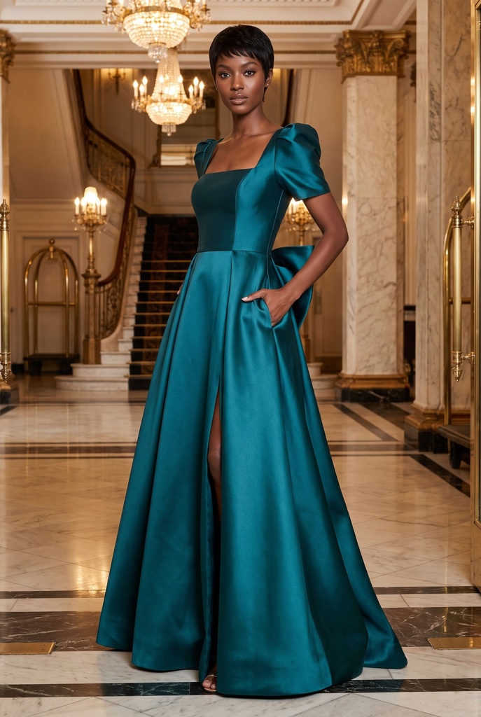 Teal Puff-Sleeve Satin Dress - front