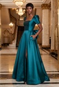 Teal Puff-Sleeve Satin Dress - front