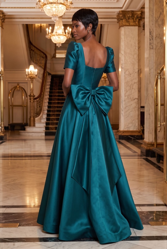 Teal Puff-Sleeve Satin Dress - back