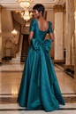Teal Puff-Sleeve Satin Dress - back