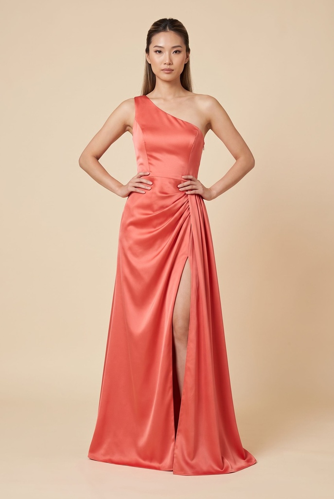 Coral One-Shoulder Satin Dress - front