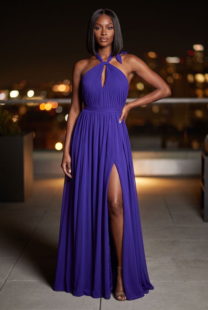 Royal Purple Halter Chiffon Dress - front