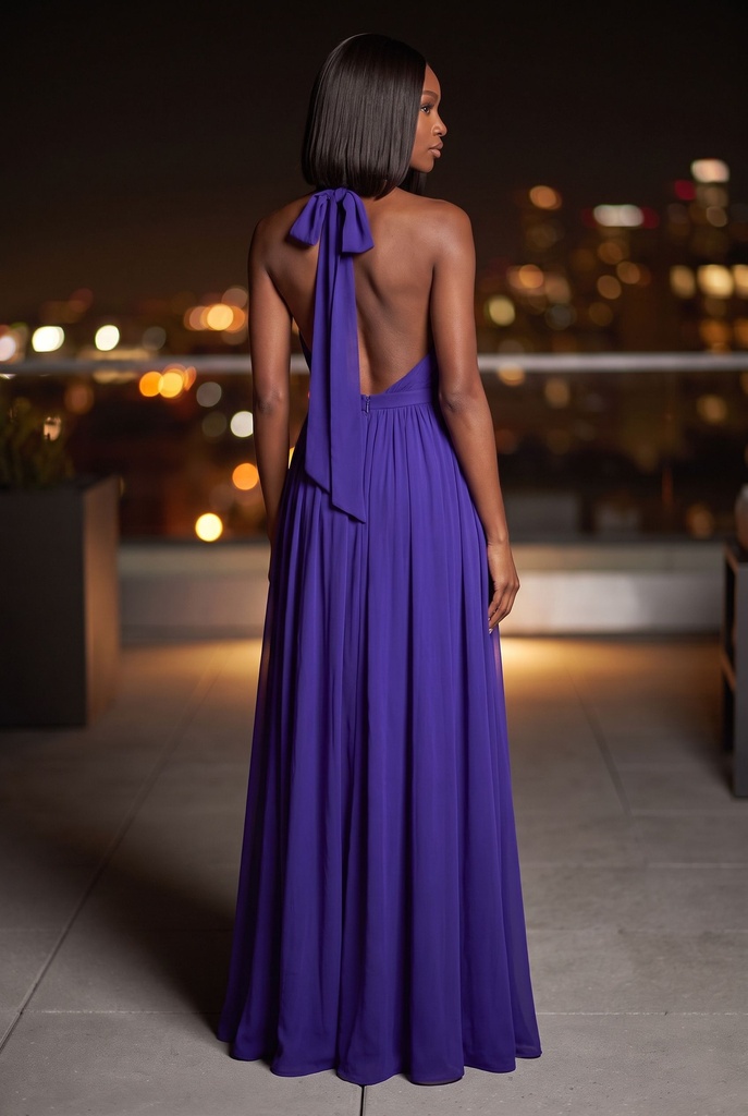 Royal Purple Halter Chiffon Dress - back