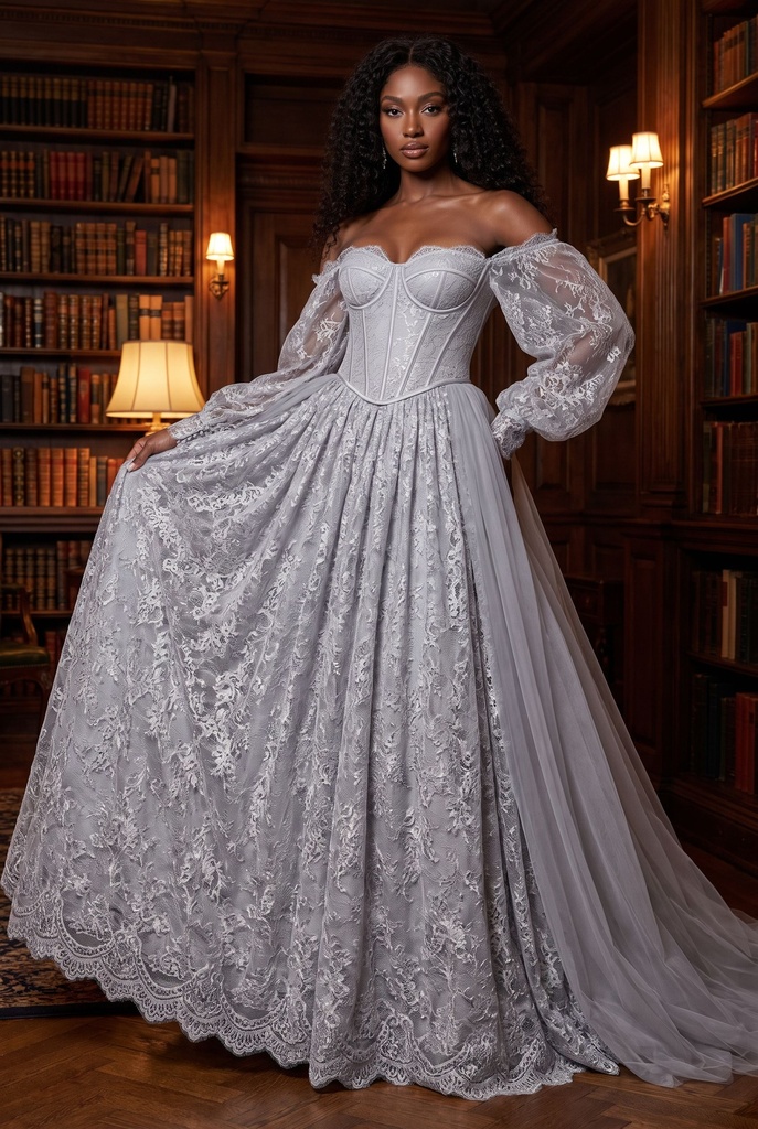 Dove Grey Lace-Sleeve Corset Ballgown Dress - front