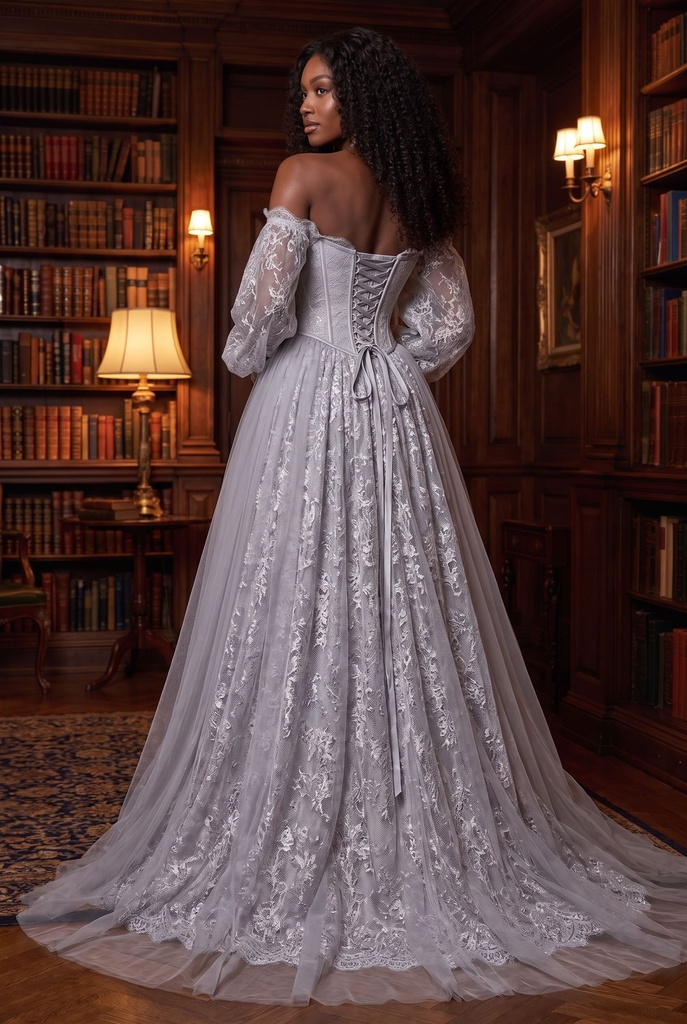 Dove Grey Lace-Sleeve Corset Ballgown Dress - back