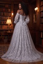 Dove Grey Lace-Sleeve Corset Ballgown Dress - back