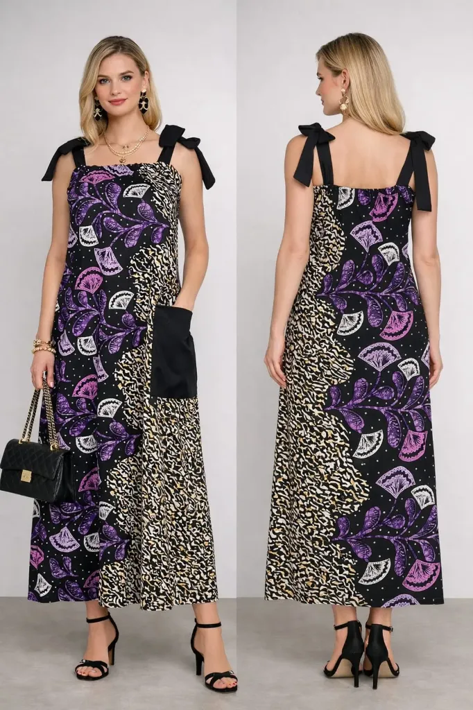 Black & Purple Print A-line Midi Length Dress