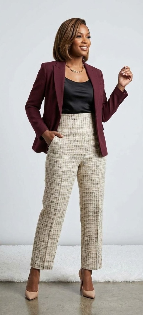 Beige Windowpane Tweed Trousers