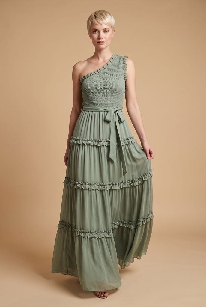 Liora Sage One-Shoulder Ruffle Maxi Dress