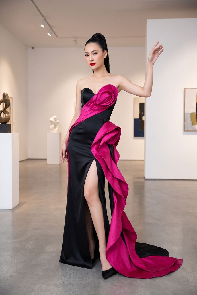 Pétale Black Fuchsia Strapless Petal Dress