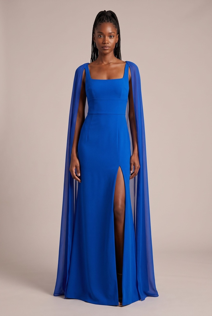 Saphir Cobalt Square-Neck Cape Column Dress