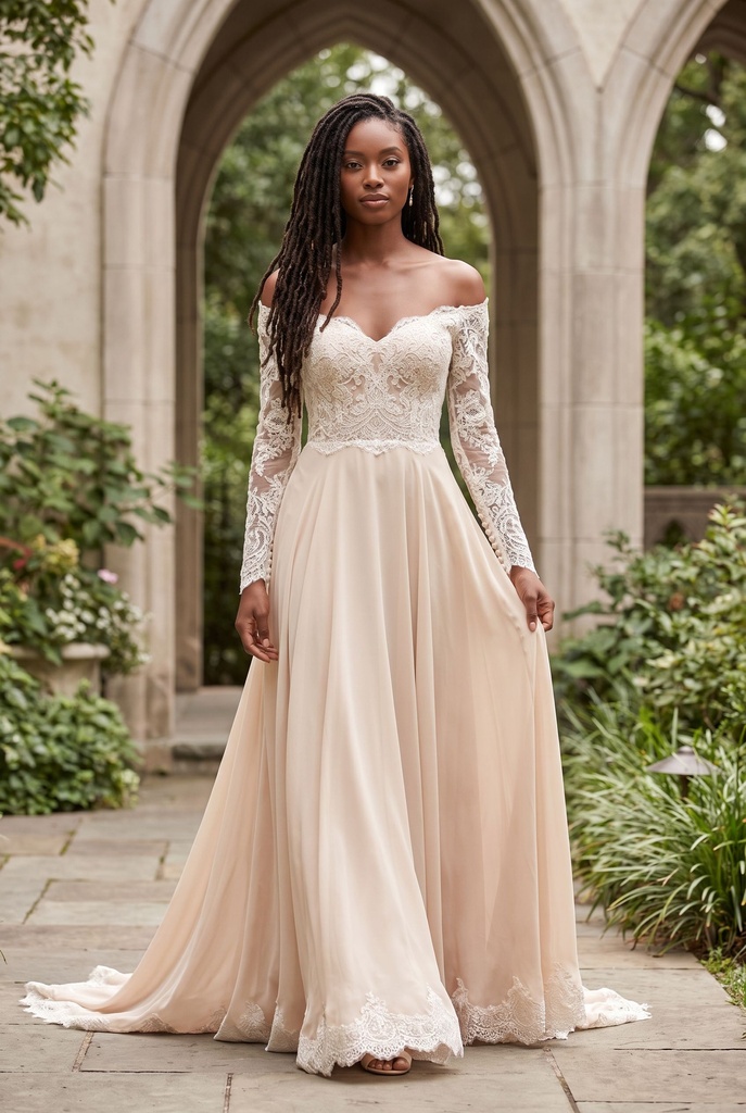 Élise Champagne Off-Shoulder Lace Dress